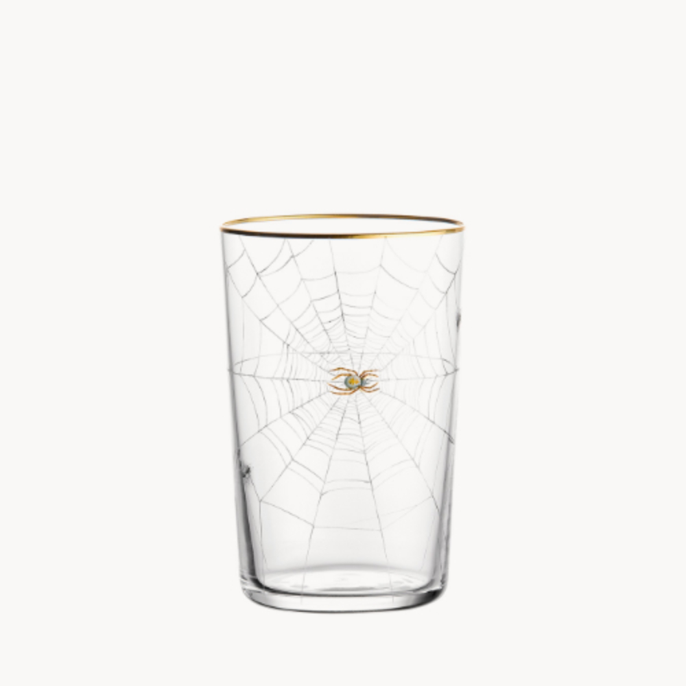 Tumbler with spider's web and two flies
